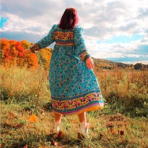 Long Sleeve Turquoise Yellow Pink Floral Bohemian Free Spirit Dress XXL Like New